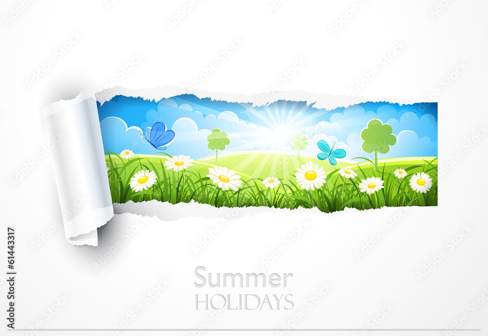 Wall mural Natural background with flowers and torn paper. Vector