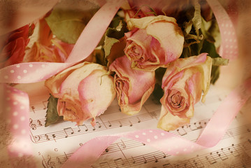 pink dried roses on old note paper in vintage style