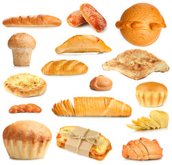 Collage of various bread isolated on white