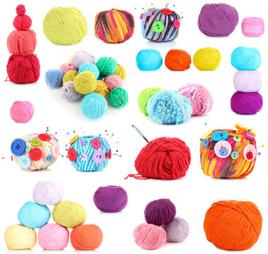Collage of colorful knitting yarn isolated on white