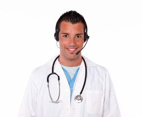 Professional medical doctor talking on headphones