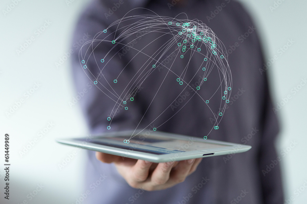 Poster network   Man holding a 3d rendering data earth globe