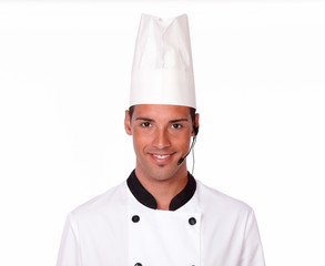 Handsome professional chef guy with headphones