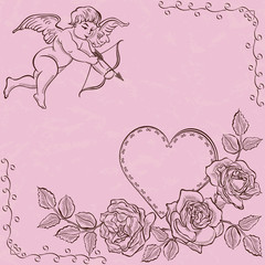 Cupid and heart with roses. Valentine background.
