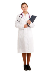 A female doctor with a folder, standing