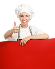 Chef woman holding a blank board and showing ok