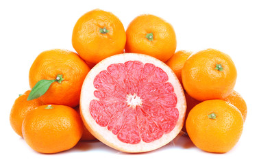 Ripe sweet tangerines and grapefruit, isolated on white