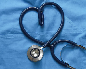 A stethoscope on a medical uniform, closeup