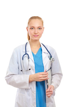 Smiling young doctor in white coat standing with folder