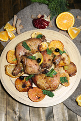 Homemade fried chicken drumsticks with vegetables