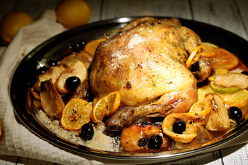 Whole roasted chicken with vegetables