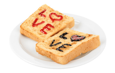 Delicious toast with jam on plate isolated on white