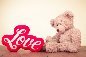 Retro Teddy Bear with red Love cushion