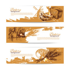 Set of bakery sketch banners. Vintage hand drawn illustrations