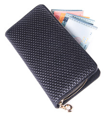 wallet. woman wallet with money on a background