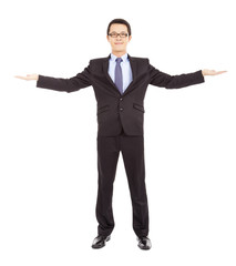 smiling  businessman opening arms to welcome