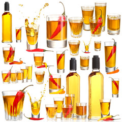 Collage of alcohol drinks. Pepper vodka isolated on white