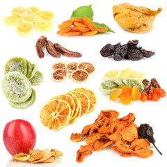 Collage of dried fruits isolated on white