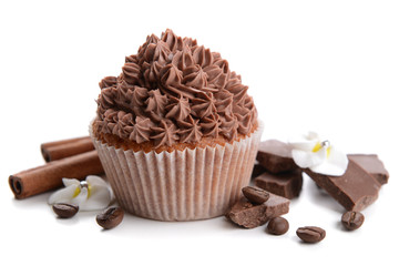 Tasty cupcake with butter cream, isolated on white