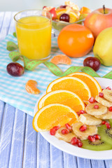 Sweet fresh fruits on plate on table close-up