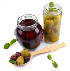 Black and green olives, isolated on white