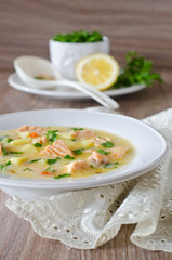 Cheese soup with salmon