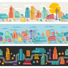 Cityscape seamless horizontal banners with buildings.