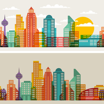 Cityscape seamless horizontal banners with buildings.