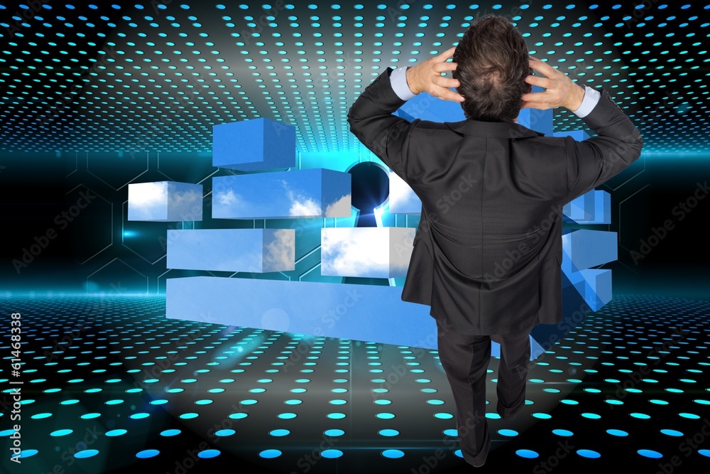 Poster composite image of stressed businessman with hands on head