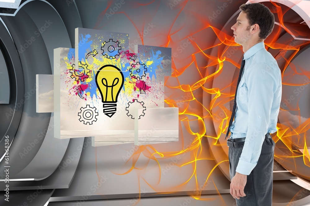 Poster composite image of serious businessman standing with hand in