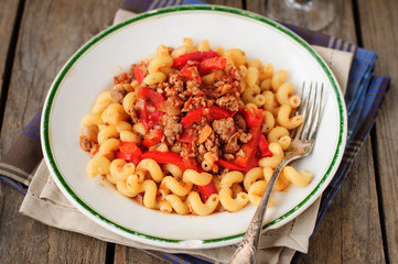 Cellentani Pasta with Minced Beef, Tomato and Capsicum Sauce