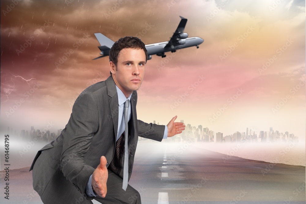 Poster composite image of businessman posing with hands out