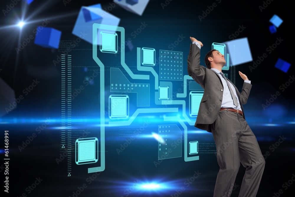 Poster composite image of businessman posing with hands up