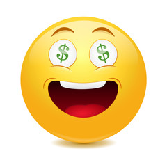 Dollar emoticon  on a white background.
