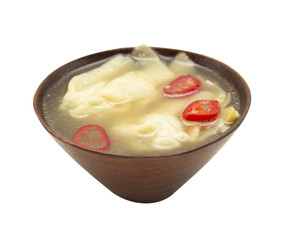 Wonton soup with chili in wooden bowl,asian cuisine, isolated