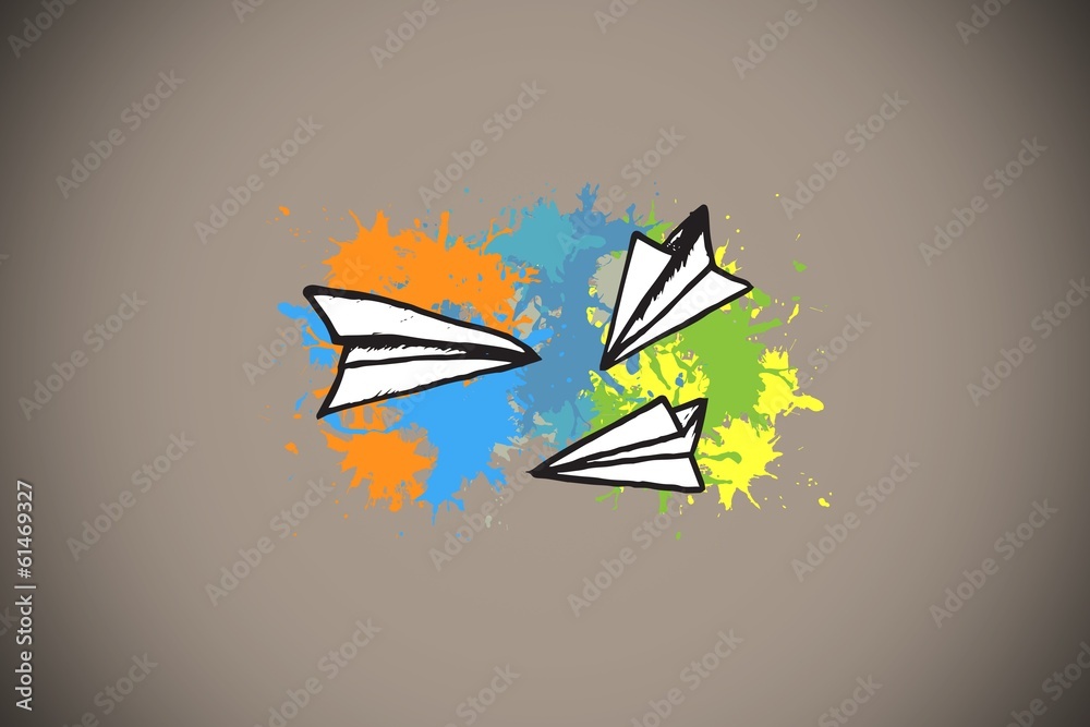 Poster composite image of paper airplanes on paint splashes