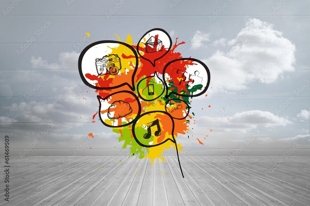 Poster Composite image of apps in speech bubbles on paint splashes