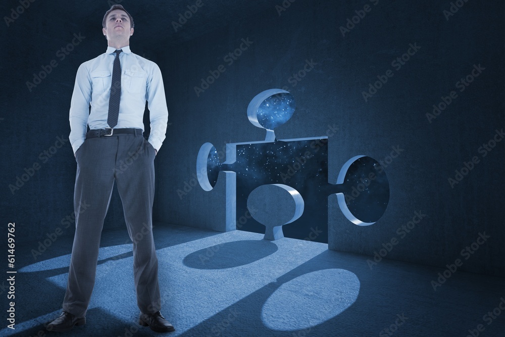 Poster composite image of serious businessman standing with hands in