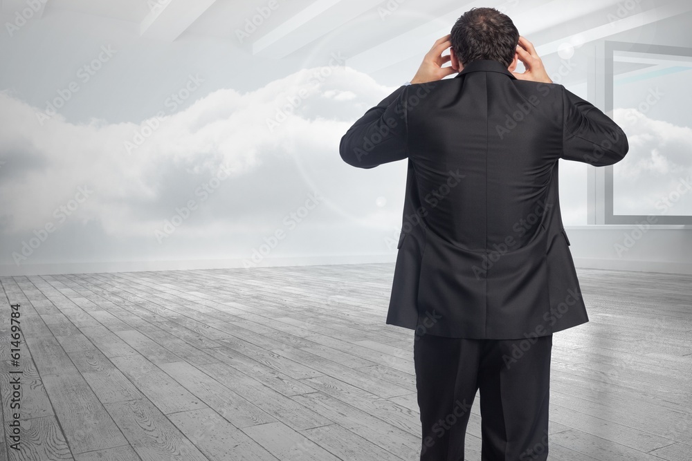 Poster composite image of stressed businessman with hands on head