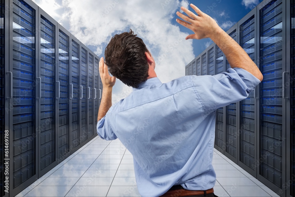 Poster composite image of businessman posing with arms raised