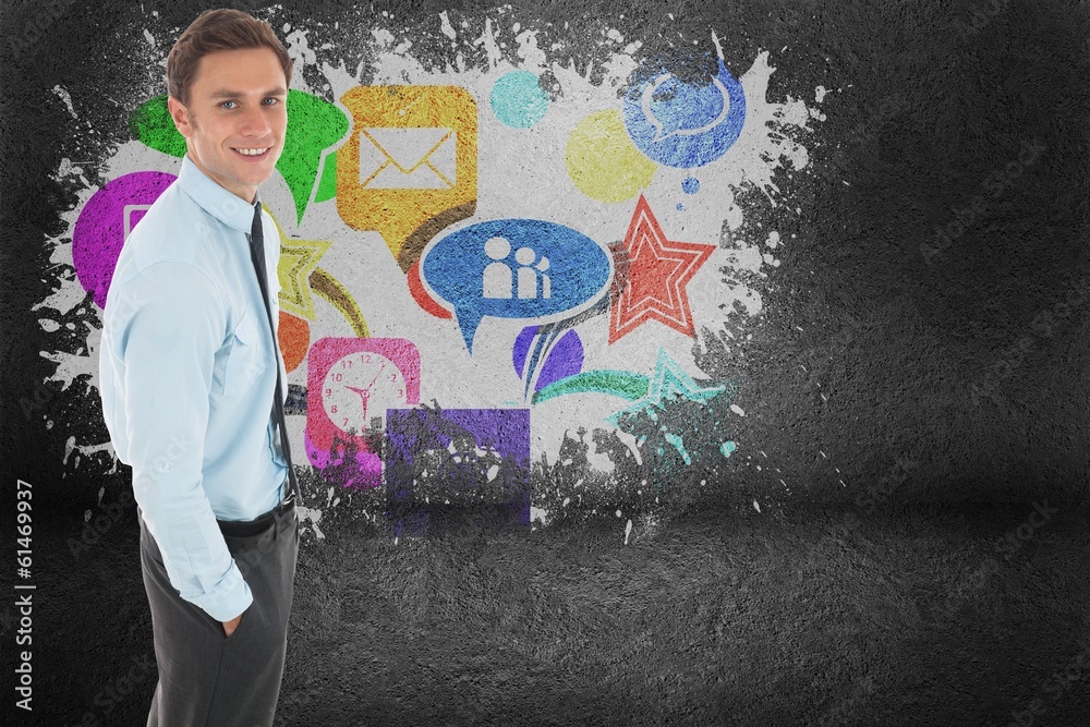 Poster composite image of happy businessman standing with hand in