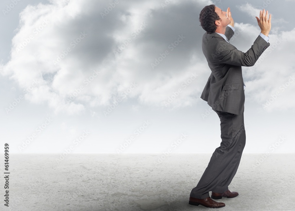 Poster composite image of businessman posing with arms raised