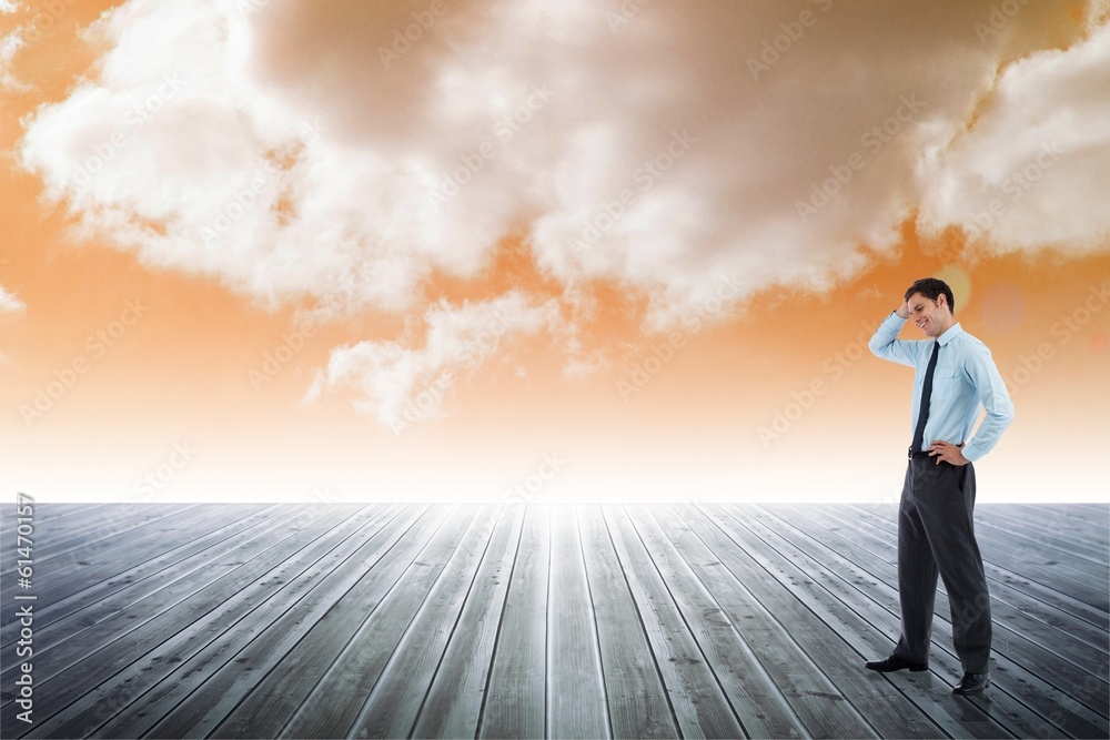 Poster composite image of thoughtful businessman with hand on head