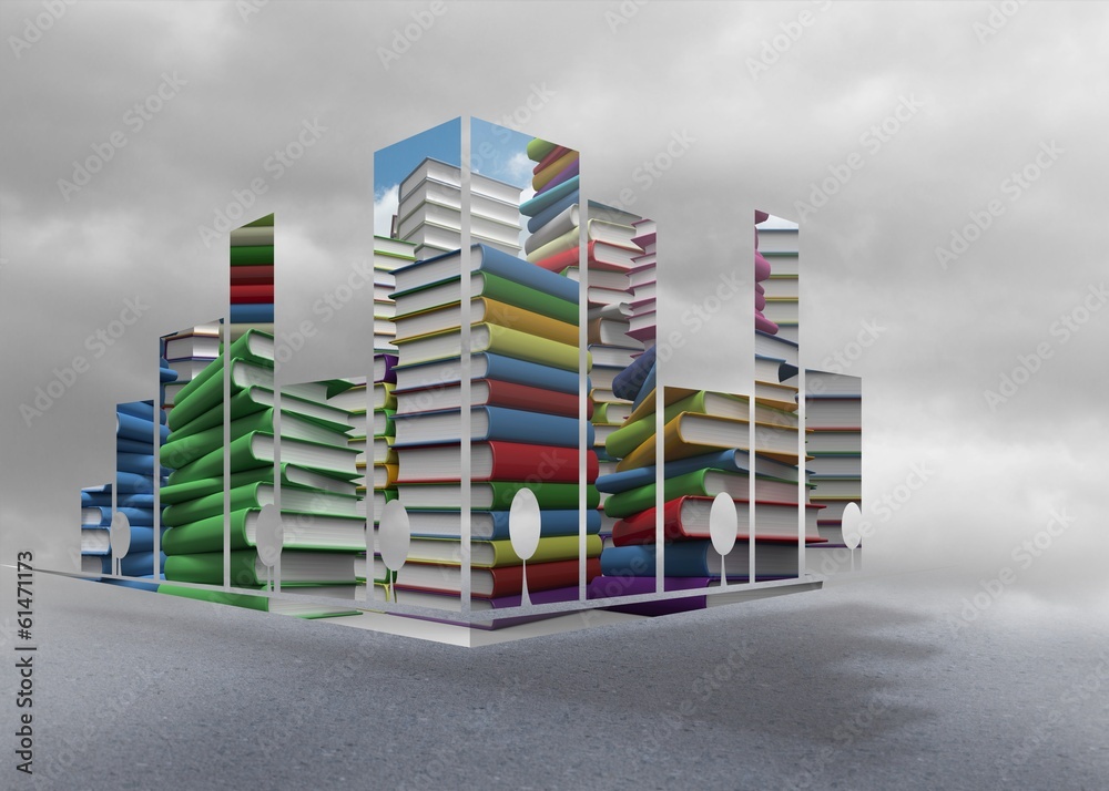 Poster Composite image of piles of books on abstract screen