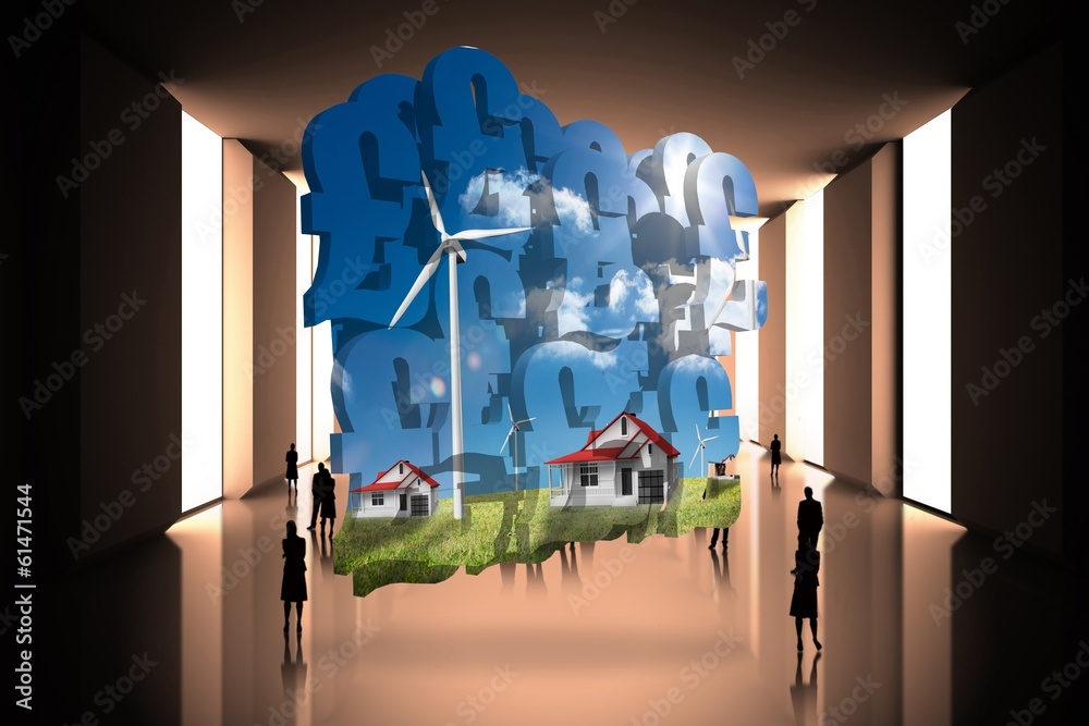 Poster Composite image of houses with wind turbines on abstract screen