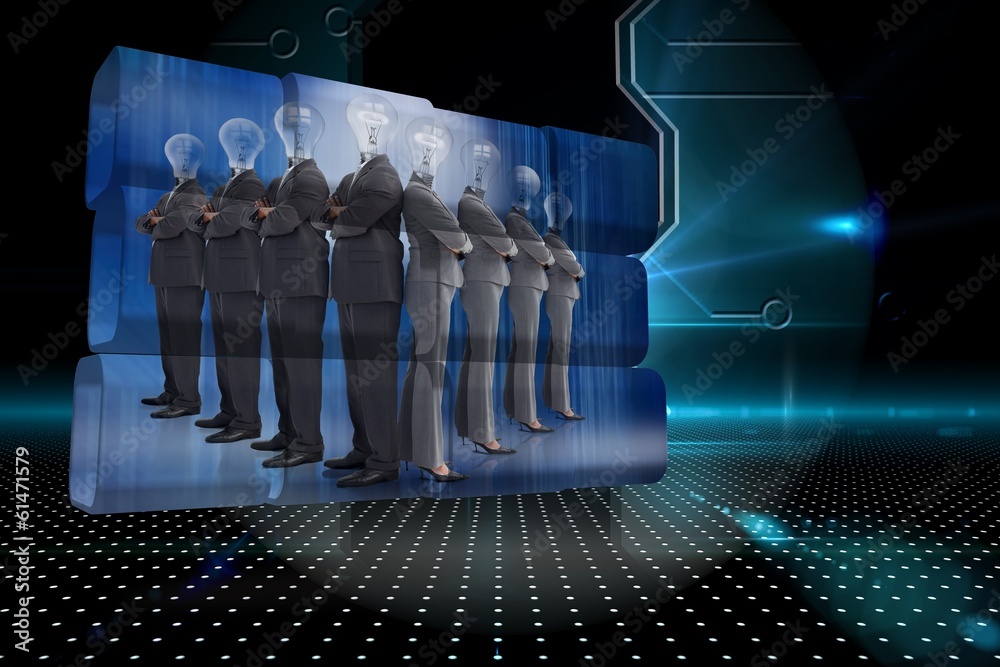 Poster composite image of light bulb business people on abstract screen