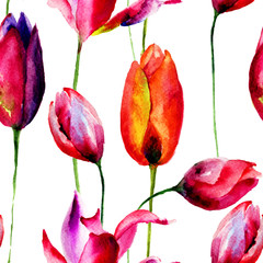Fototapety  Watercolor illustration of Tulips flowers