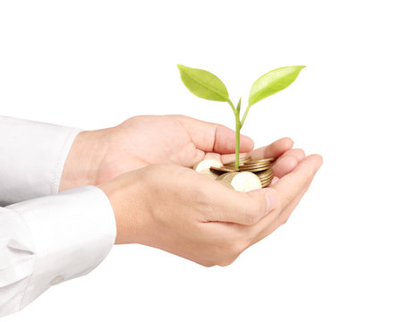 Businessman Holding Plant Sprouting From  Handful Of Coins