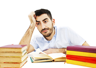Student preparing for the exams on white background
