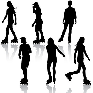 Silhouettes of people rollerskating. Vector illustration.